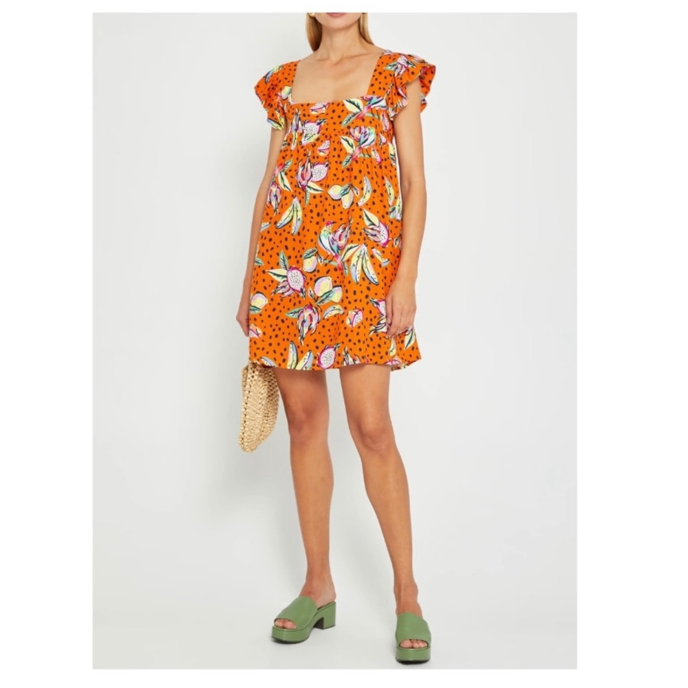 Anthropologie Orange Printed Linen Blend Mini Babydoll Dress